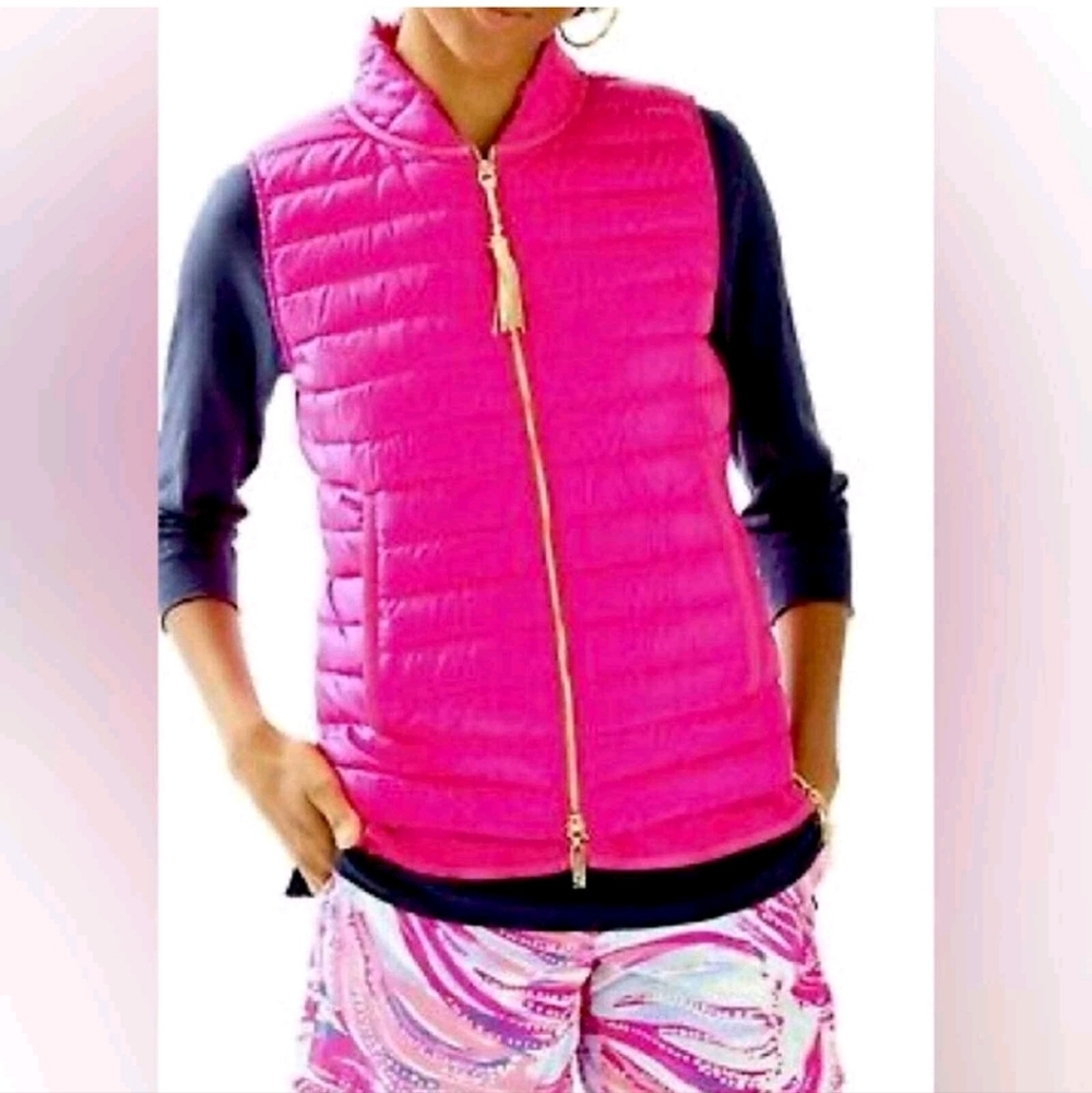 Lilly Pulitzer Hot Pink Quilted Ruffle Hem Vest - Picture 2 of 7